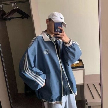 學院風新款條紋夾克外套男士韓版學生運動潮流寬鬆百搭潮牌上衣連帽外套 素面連帽外套 外套 雙拉鍊