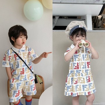 Mimo⭐ins夏季男女童裝滿印翻領 polo衫兒童套裝連衣裙兄妹裝
