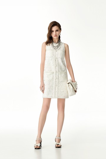 奶油白亮片蕾絲無袖短洋裝
