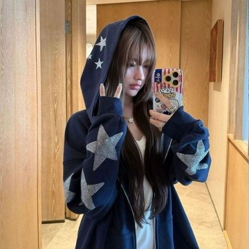 ✨MY女裝韓系復古慵懶星星燙鑽刺繡連帽衛衣女加絨加厚藏青色寬鬆開衫外套