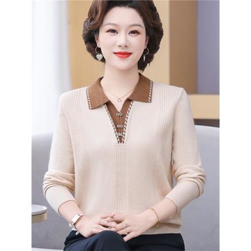 媽媽秋裝新款時尚翻領針織衫上衣中老年女小衫寬松時尚毛衣打底衫