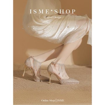 水晶一字帶細跟高跟鞋宴會婚鞋閃亮流蘇禮服女鞋女士工作鞋氣質少