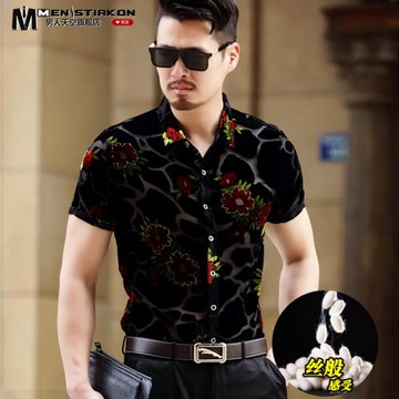 夏季短袖襯衫男士2025薄款中年爸爸裝金絲絨鏤空花襯衣男士修身潮