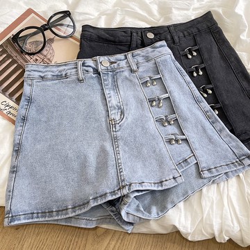 『現貨馬上出+』RENA復古水洗設計感金屬扣辣妹彈力高腰顯瘦A字牛仔包臀短裙褲裙【R20326】