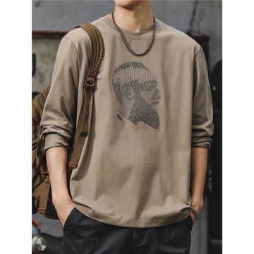 青少年長袖t恤男2025新款高級感寬松體恤重磅圓領刺繡打底衫上衣