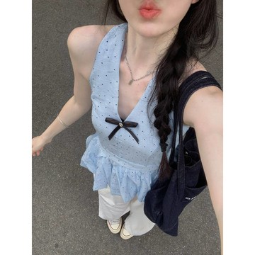 【董小姐】短袖上衣 法式上衣 掛脖背心 波點上衣 女短版上衣 甜美上衣 辣妹上衣 修身上衣 ins 風衣服