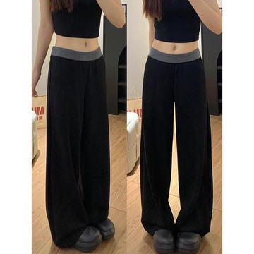 黑色拼接運動褲大碼女胖mm秋季高腰寬松顯瘦美式休閑衛褲闊腿褲子
