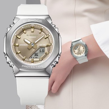 CASIO 卡西歐 G-SHOCK WOMEN 拋光金屬 迷人米色 八角形雙顯錶 GM-S2110-7A9