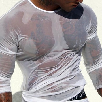 男士超薄打底上衣長袖T恤透明超薄網紗性感內衣圓領健身緊身衣服