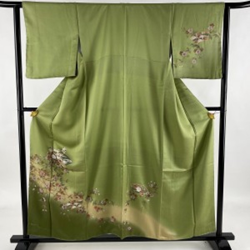 訪問着 美品 秀品 扇面 枝花 金彩 ぼかし 抹茶色 袷 身丈157cm 裄丈