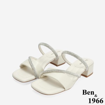 Ben&1966柔軟羊皮閃亮鑽條優雅低跟拖鞋-米白(246552)