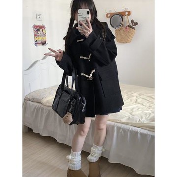 JK黑色牛角扣大衣夾棉加厚冬季日系中長款女冬毛呢外套小個子短款
