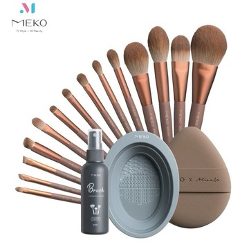 MEKO 夕色金緋巧緻刷具17件豪華全套組 (含氣墊粉撲+洗刷水+洗刷板) 【現貨24H出貨】
