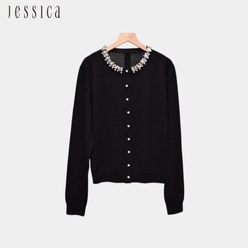 JESSICA - 簡約百搭素色圓領珠飾羊毛針織外套J44405