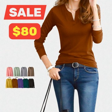 GOFO 出清 長袖上衣 MIT台灣製造 韓系穿搭顯瘦 性感小V領 素面百搭 女裝 女生t恤 日系 春天 春季服飾 冬天