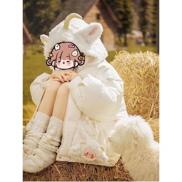2024年秋冬新款加厚棉服女款冬季中長款可愛設計感小羊外套面包服