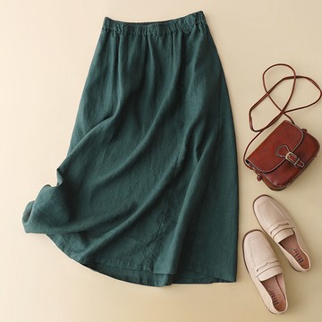 【ACheter】亞麻感簡約休閒純色鬆緊腰頭棉麻垂感A字長裙 # 116271(現貨+預購)