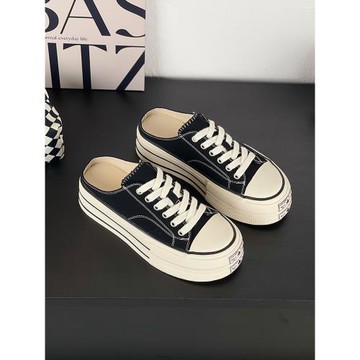 歐貨松糕厚底帆布面包頭半拖鞋女2023新款ins潮系帶皮里皮墊拖鞋