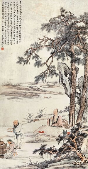 馮超然庚申品茶圖30x57厘米中國畫名畫復制品山水畫國畫微噴畫心