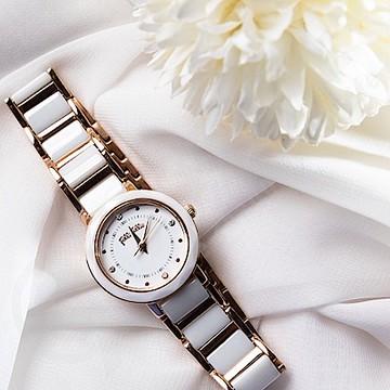 Folli Follie  24毫米 寶石切割錶圈 精鑲水晶時標 陶瓷錶帶腕錶(玫瑰金X白 FF450361)