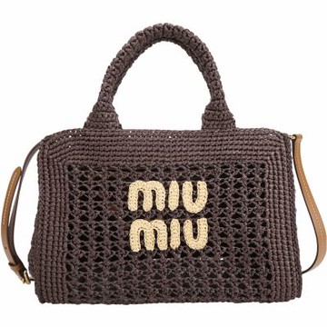 miu miu 仿拉菲草編可拆肩背橫向托特包(可可棕)