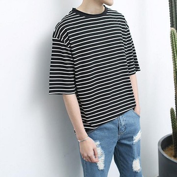 FINDSENSE品牌 夏季新款 男士 簡約海魂衫 黑白條紋 五分袖T恤