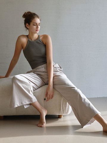 Tummy Control Wide Leg Slit Yoga Pants [Sand Beige] (DEVI-B0083)