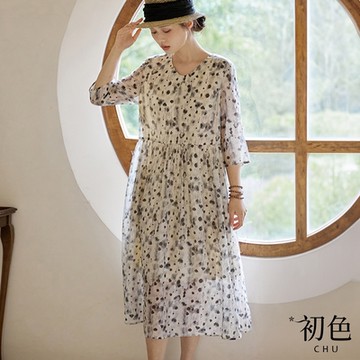 初色 透膚圓領七分長袖雪紡連衣裙連身洋裝長洋裝-黑白色-35496(M-2XL可選)