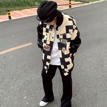 潮牌黑白格紋棒球服外套女春秋ins潮美式復古高街vintage情侶夾克