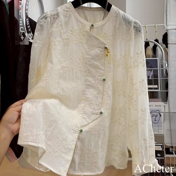 【ACheter】中式國風重工刺繡圓領蕾絲衫薄款超好看長袖短版上衣# 122837(現貨+預購)