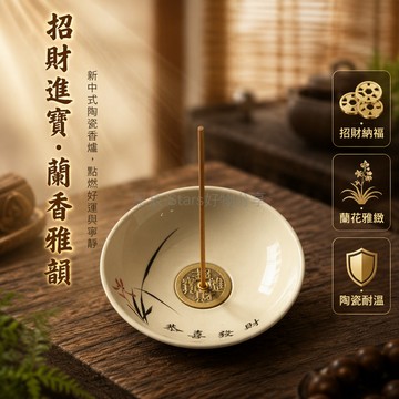 台灣出貨 陶瓷古錢幣香插 恭喜發財線香座 淺碗茶室香盤 垂直立柱固定 蘭花圖案薰香託