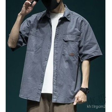 🐱 限時下殺 🐱 M-8XL 日係大尺碼工裝襯衫男 寬鬆五分袖 復古 夏季時尚短袖襯衫 口袋綠色襯衫 寬鬆顯瘦 翻領 4