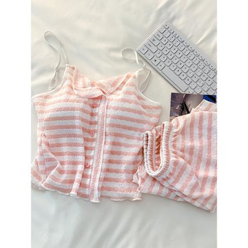 帶胸墊一體睡衣女夏季莫代爾純棉薄款吊帶背心短褲條紋家居服套裝