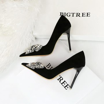 BIGTREE歐美宴會高跟鞋細跟超高跟絨面淺口尖頭水鉆蝴蝶結單鞋女