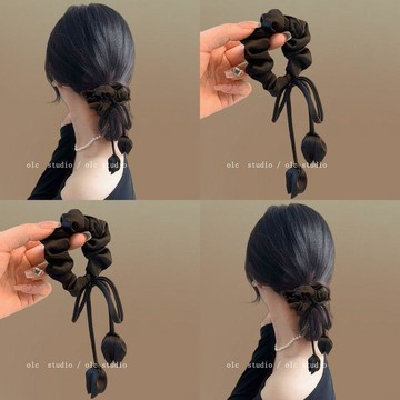 ⚡️本島直出⚽️緞面鬱金香!飄帶蝴蝶結髮繩!法式黑色鬱金香大腸髮圈皮筋髮飾
