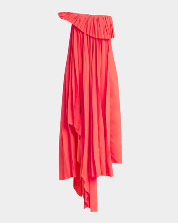 Strapless Plisse Asymmetric Midi Evening Dress