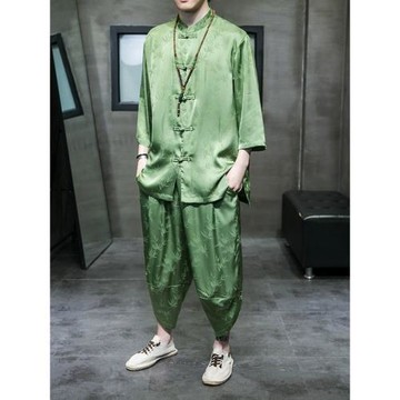 夏季冰絲漢服套裝男新中式男裝中國風唐裝男款七分袖襯衫爸爸夏裝