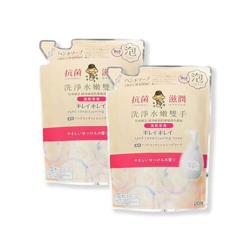 (2袋超值組)日本LION獅王-趣淨洗淨水嫩溫和滋潤香氛泡沫洗手慕斯補充包400ml/袋-溫和皂香(粉標)(嬌嫩肌手部清潔露,綿密泡泡芳香去污洗手乳)