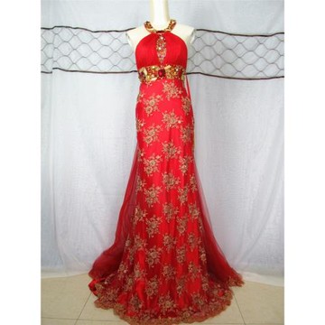 魅惑實拍法國原單網紗釘珠刺繡修身拖尾女神奢華晚禮服宴會連衣裙