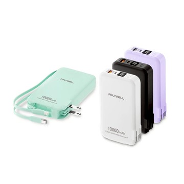 POLYWELL 20W牆插式行動電源 10000毫安 自帶線 USB＋C雙孔 數位電量顯示 台灣公司貨