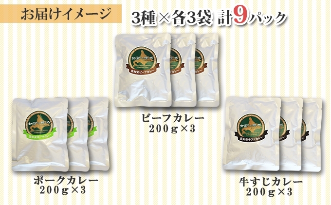 先行受付北海道 倶知安 カレー 3種 食べ比べ セット 計9個 中辛 スープカレー ビーフ ポーク 牛すじ カレー 詰め合わせ じゃがいも 牛 牛肉 豚肉 業務用 レトルトカレー