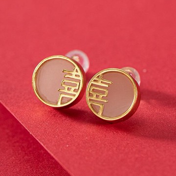 古法金鑲嵌白玉圓形雙喜宮廷復古古典簡單高級高檔百搭民耳飾品