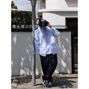 日系CityBoy長袖襯衫男春秋潮牌寬松淺藍色條紋復古美式襯衣外套