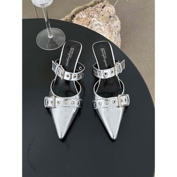 法式皮帶扣包頭拖鞋女外穿2025年新款高跟鞋細跟時尚尖頭半拖單鞋