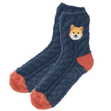 日本 friendshill - 可愛刺繡柔軟針織保暖室內襪-柴犬-深藍 (22-25cm)
