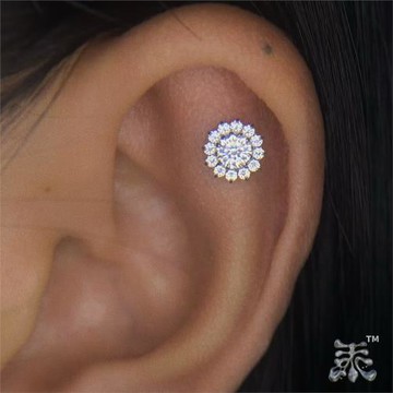 胖胖滿鉆太陽花 歐泊鋯石耳釘16/18g螺紋端植入級鈦合金 小眾設計