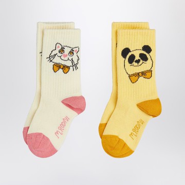 Two pairs of socks with panda and cat motif