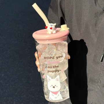 可愛小狗玻璃杯大容量2025新款學生高顏值水杯帶吸管夏天杯子便攜