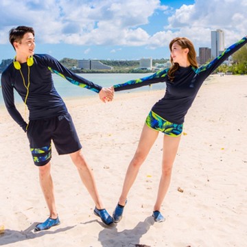 Biki.情侶泳衣相綠長袖五分褲男M-2L泳裝二件式