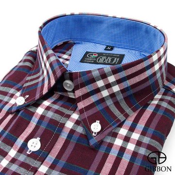 GIBBON 英倫風格紋休閒長袖襯衫‧酒紅色